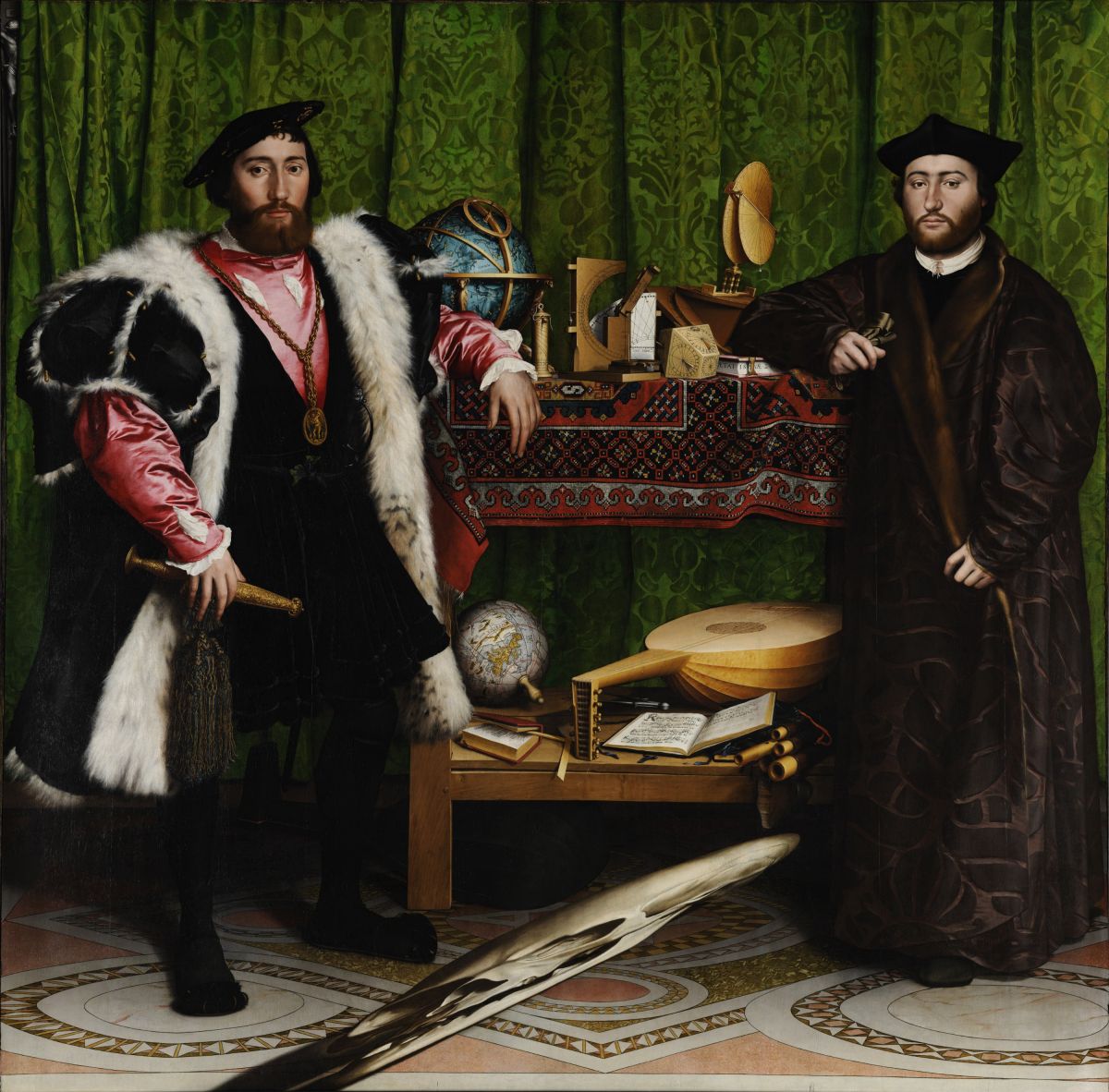 Hans Holbein il Giovane - Gli ambasciatori. Uno di quei quadri che veicolano moltissimi significati: è un vero trattato di geopolitica, ma non solo.